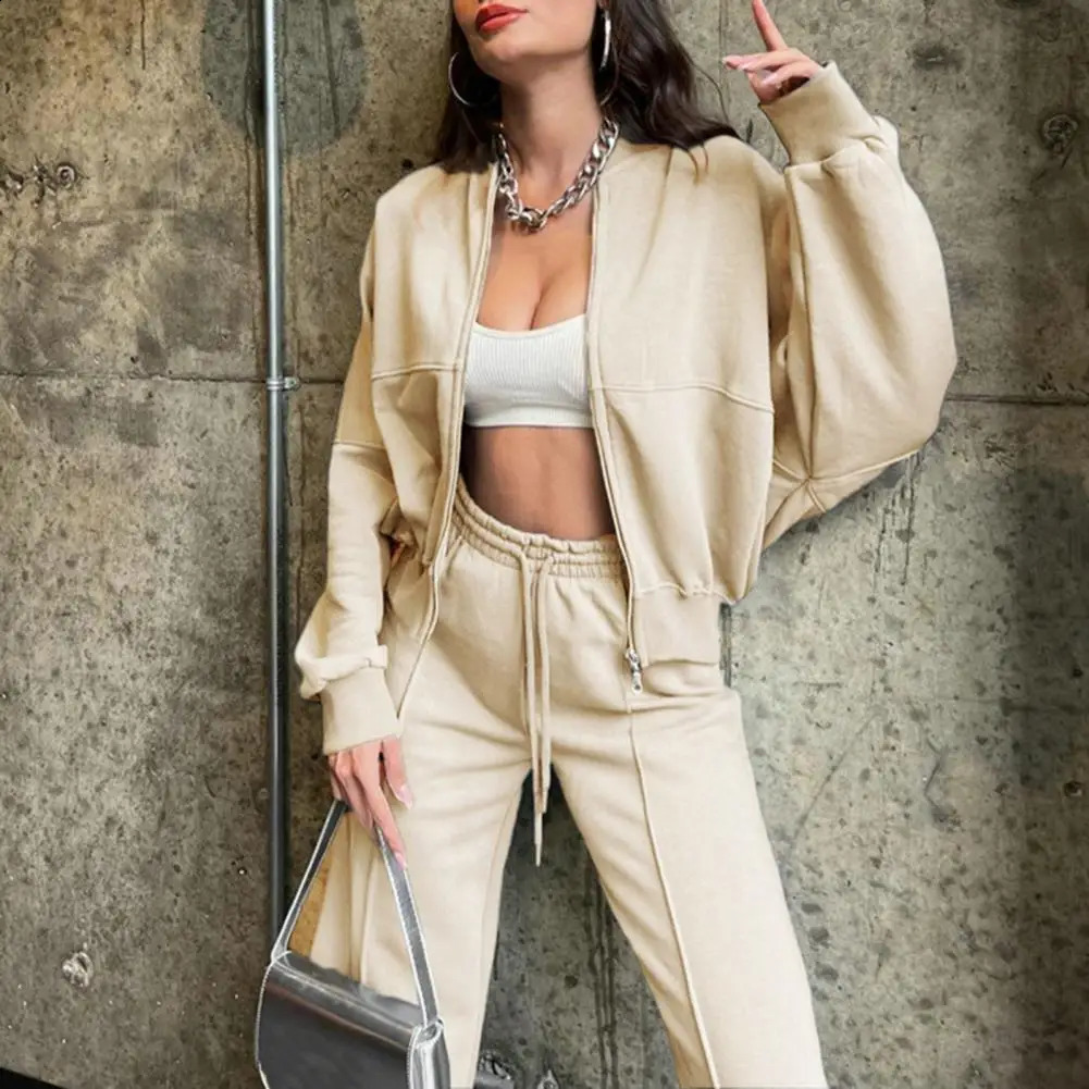 Autumn and Winter 2 piece White Womens Set Knitted Tight jumpsuit Sweater and Straight Running Pants Set 241015