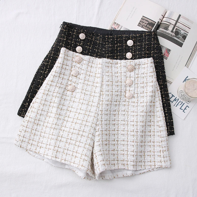 Itolin womens retro coarse tweed shorts casual plain button office ultra-thin A-line shorts autumn womens high waist wide leg shorts 2024 241014