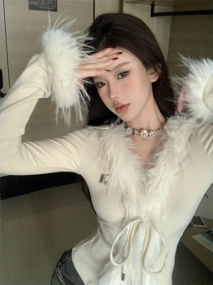 Elegant and sexy slim cut sweater Korean fashion solid knit cardigan womens Y2K retro lace top old style 241014