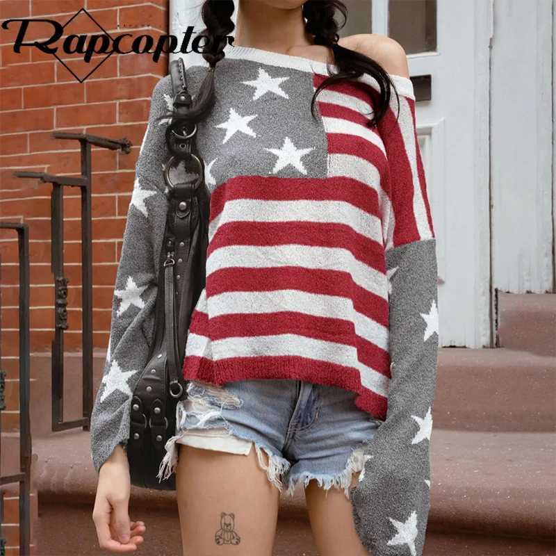 Women's T-Shirt Rapcopter y2k national flag printed sweater loose O-neck patch work autumn and winter latte art womens retro fashion Harajuk