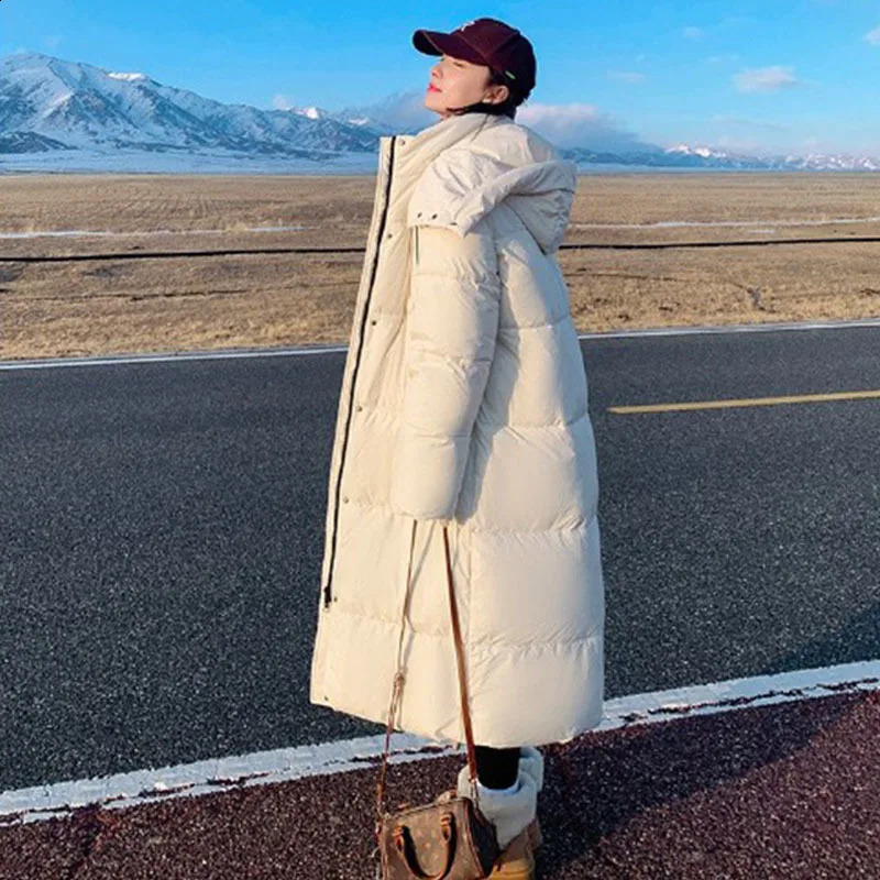 X-long Lengthened Thicken Warm Duck Down Hoodie Overcoat Women Plus Size Snowwear Ankle Length Waterproof Winter Coat Hooded 241008