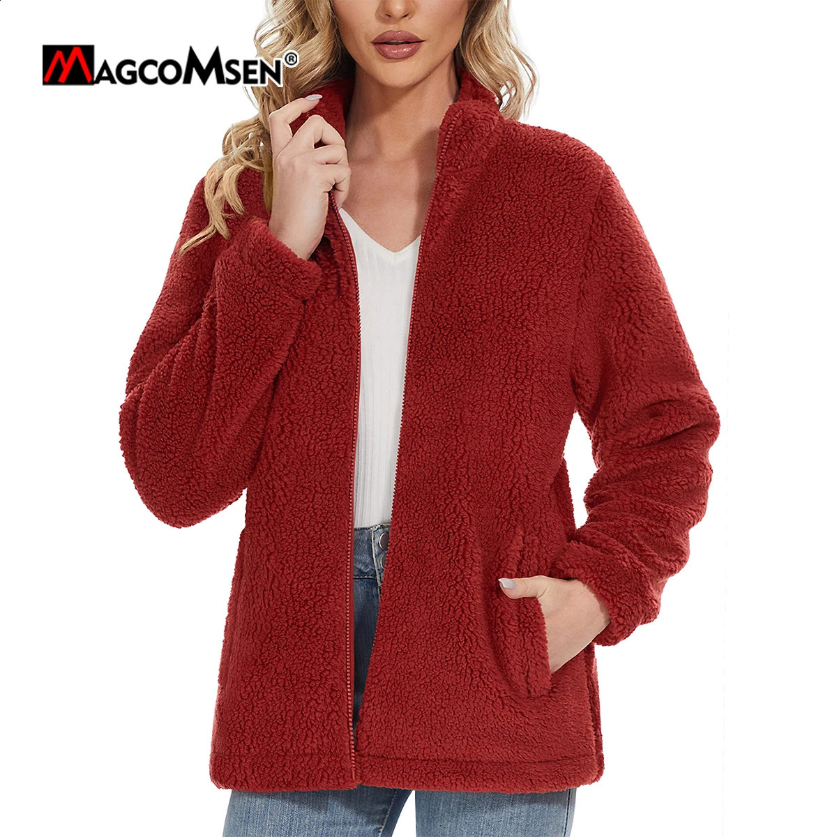 MAGCOMSEN Sherpa Jacket Womens Full Zipper Fuzzy Coat with Pocket Wool Lining Winter Warm Casual Coat 241008