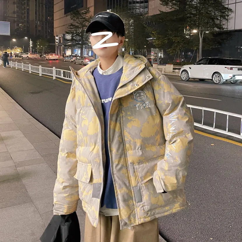 Cotton apron jacket mens medium to long winter thick wool lining warm down jacket hooded jacket loose camouflage fabric 241015