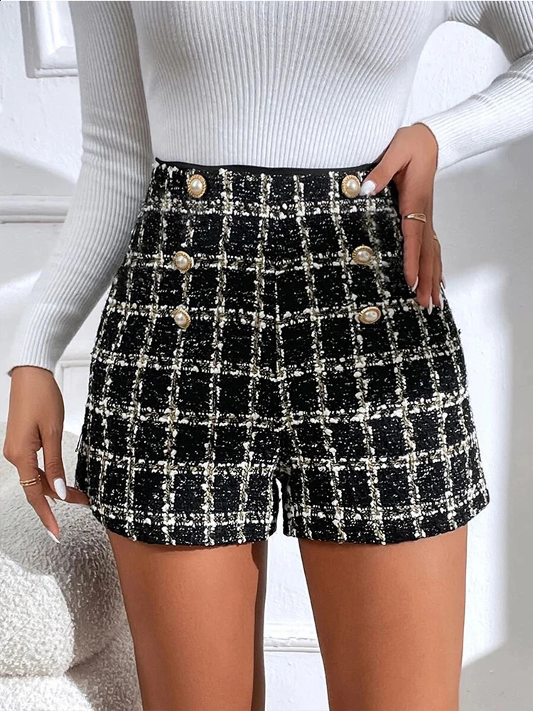 Fashion femme d'été pour femmes Rétro laine A-Line tissée en noir et blanc à carreaux de boucle avant de boucle avant shorts de pantalon 241014