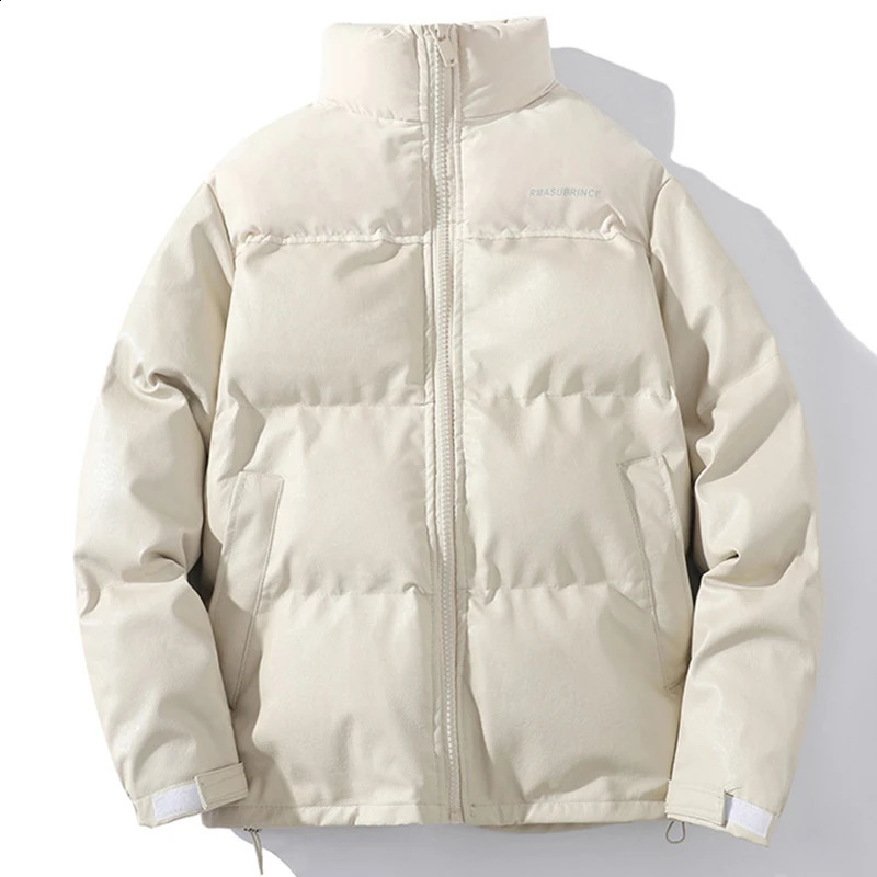 PU leather jacket mens winter thick down cotton lining jacket loose and fashionable upright collar coat cotton lining 241015