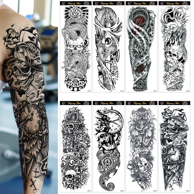 20 Full Arm Temporary Tattoo Stickers Mens Cool Skeleton Forest Fish Leg Shoulder Cover Fake Body Art Totem 241016