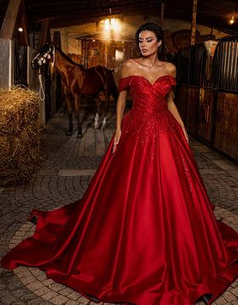 Classic Off Shoulder Satin Evening Dress Dark Red A-Line Long Reception Dresses For Women 2024 Prom Party Special Occasion Lace Appliques Elegant