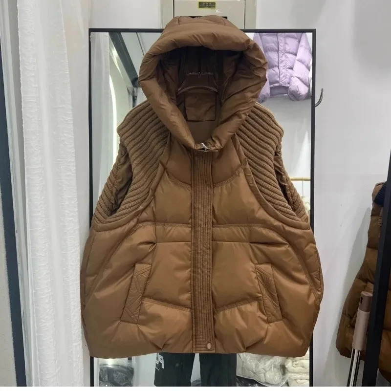 knitted spliced cotton vest jacket for womens autumn and winter fashion short sleeved sleeveless hooded sweatshirt for womens top 241011