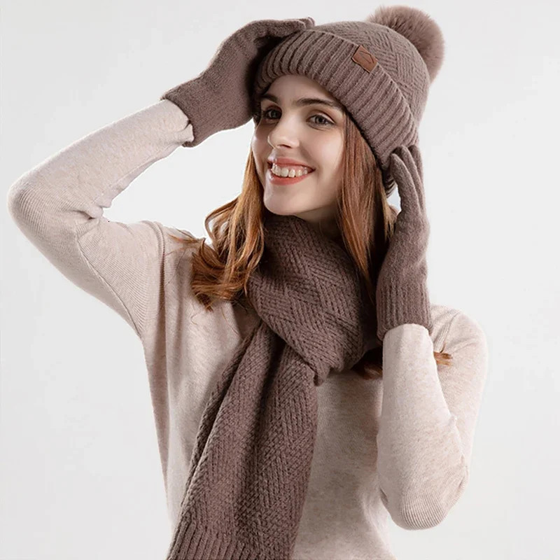 3PCSset Glans de gant à écran tactile de bonnet d'hiver Placez pour les femmes en tricot chaud enlecement doublé de set de cuir