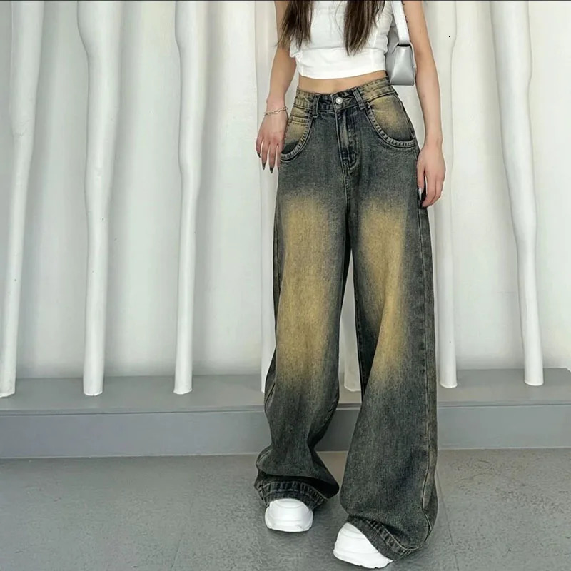 Autumn and winter wool jeans womens retro waist straight denim pants womens streetwear gradient old Y2K Trousers 241011