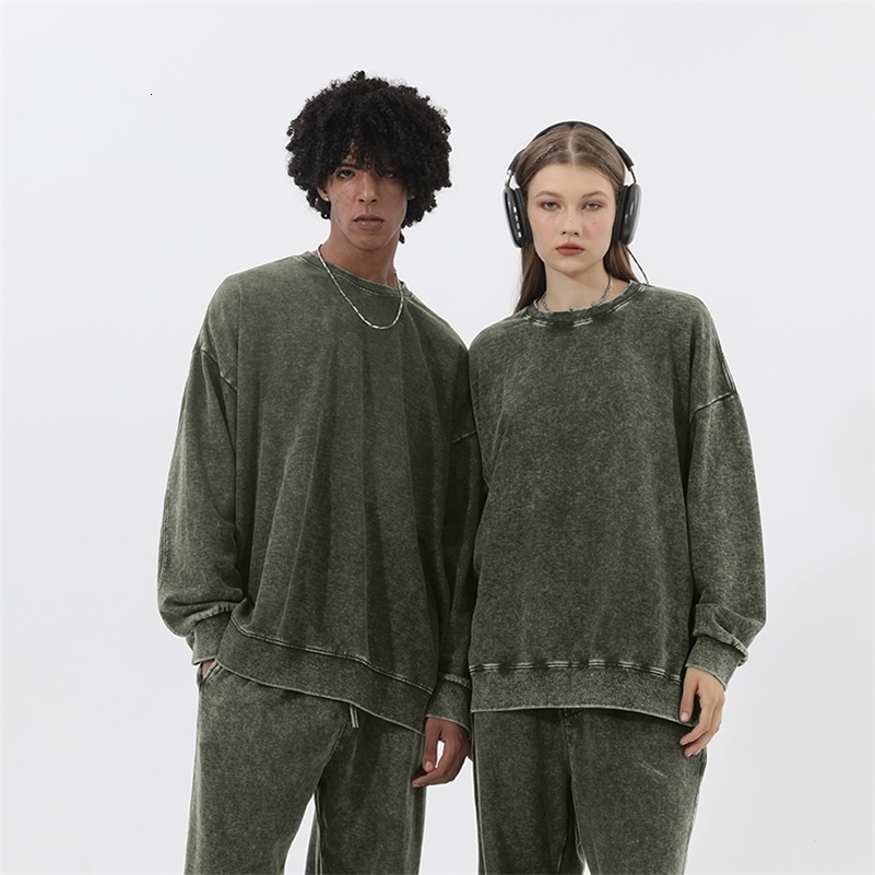 Oversize Top High Street Retro Solid Color Worn Looking Washedout Mens and Womens Hip Hop Loose American round Neck Sweater y241011