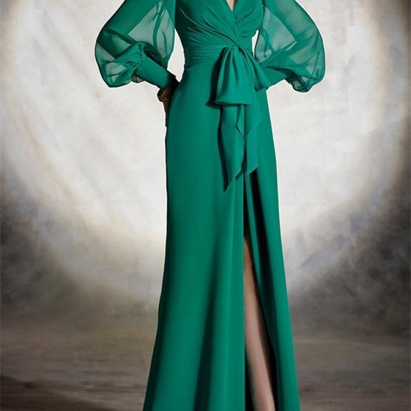 Robe de soirée Bohohipei Womens Green Green Party 2024 Automne Split Front Split V-Neck Lace A-Line Robe 241015