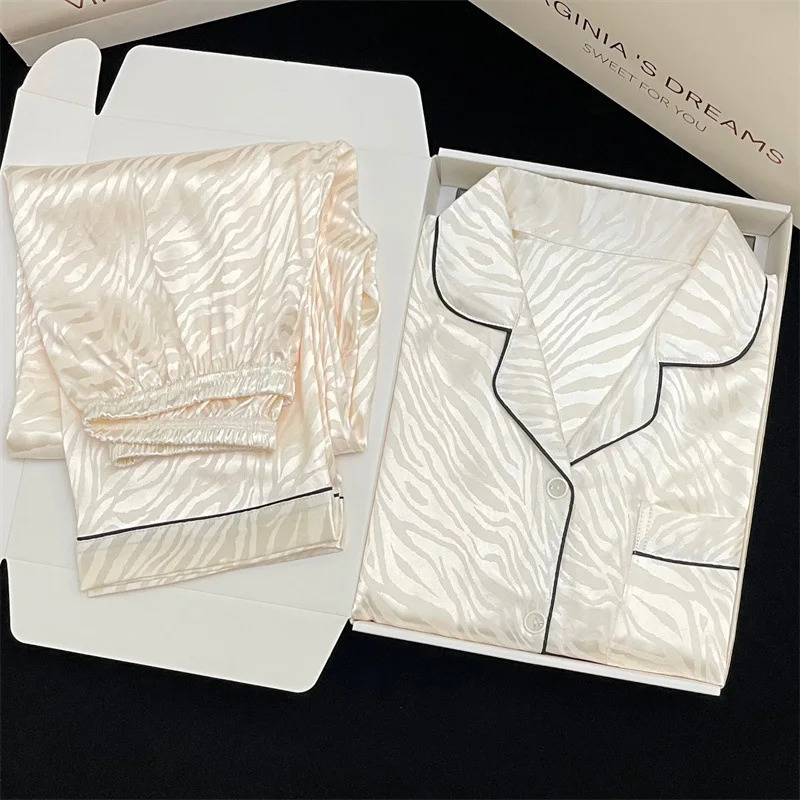 Striped autumn womens sleepwear set casual artificial silk satin womens sleepwear long sleeved sleepwear Korean style sleepwear 241009