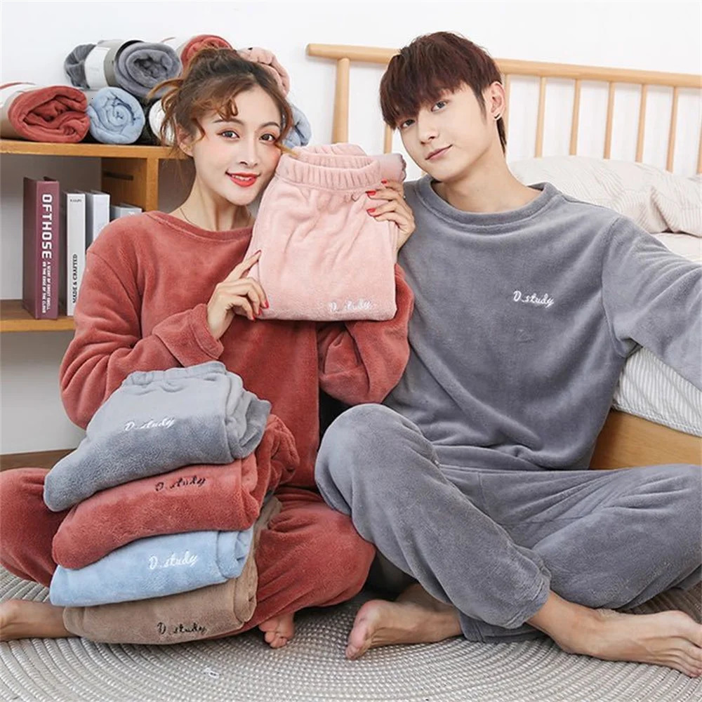 Couples vêtements de nuit d'hiver corail polaire doux et chaud ensemble de vêtements de nuit avec taille élastique suspendue lâche pantalon maiso
