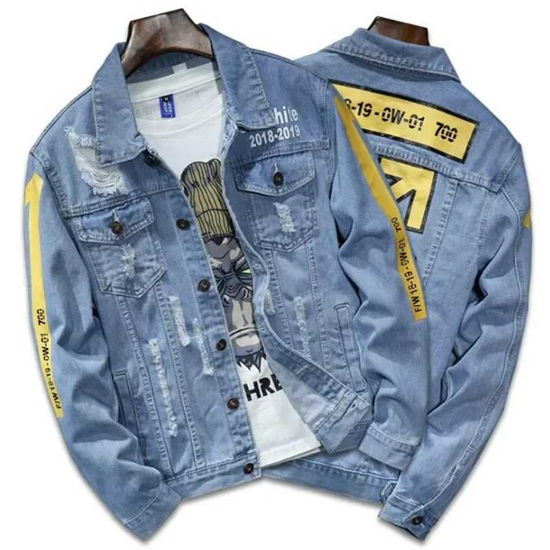 Men's Jackets 2024 High quty Denim Jacket Men Ripped Holes Mens Lt Blue Jean Jackets Autumn/Winter Garment Washed Mens Denim Coat T241016
