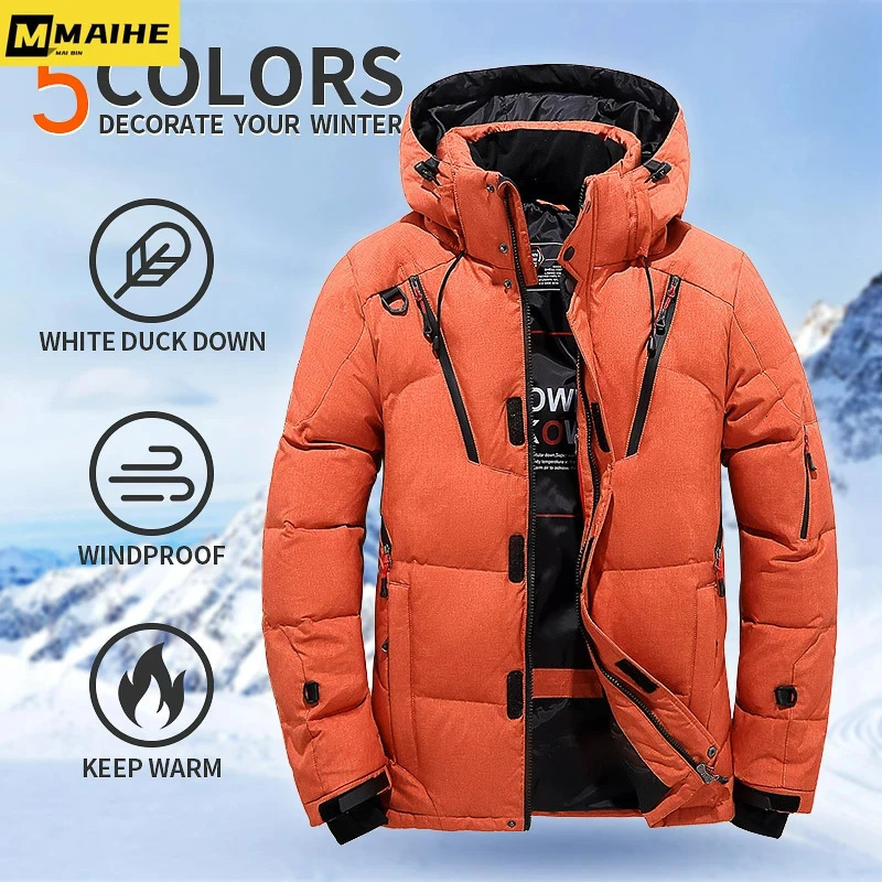 Down jacket mens white duck winter coat windproof and warm Parkas travel camping coat thick solid color hooded sweatshirt 241018 ww