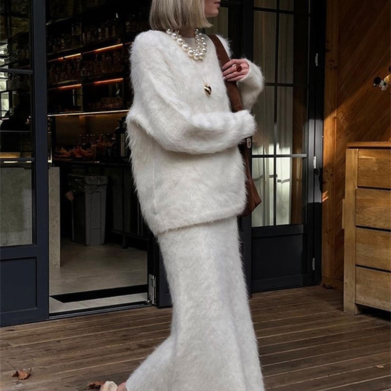 Women Elegant Solid Mohair Skirt Outfits Autumn Knit O Neck Pullover Sweater 2 Piece Sets Female Loose Long Skirts Fashion Suits y241011