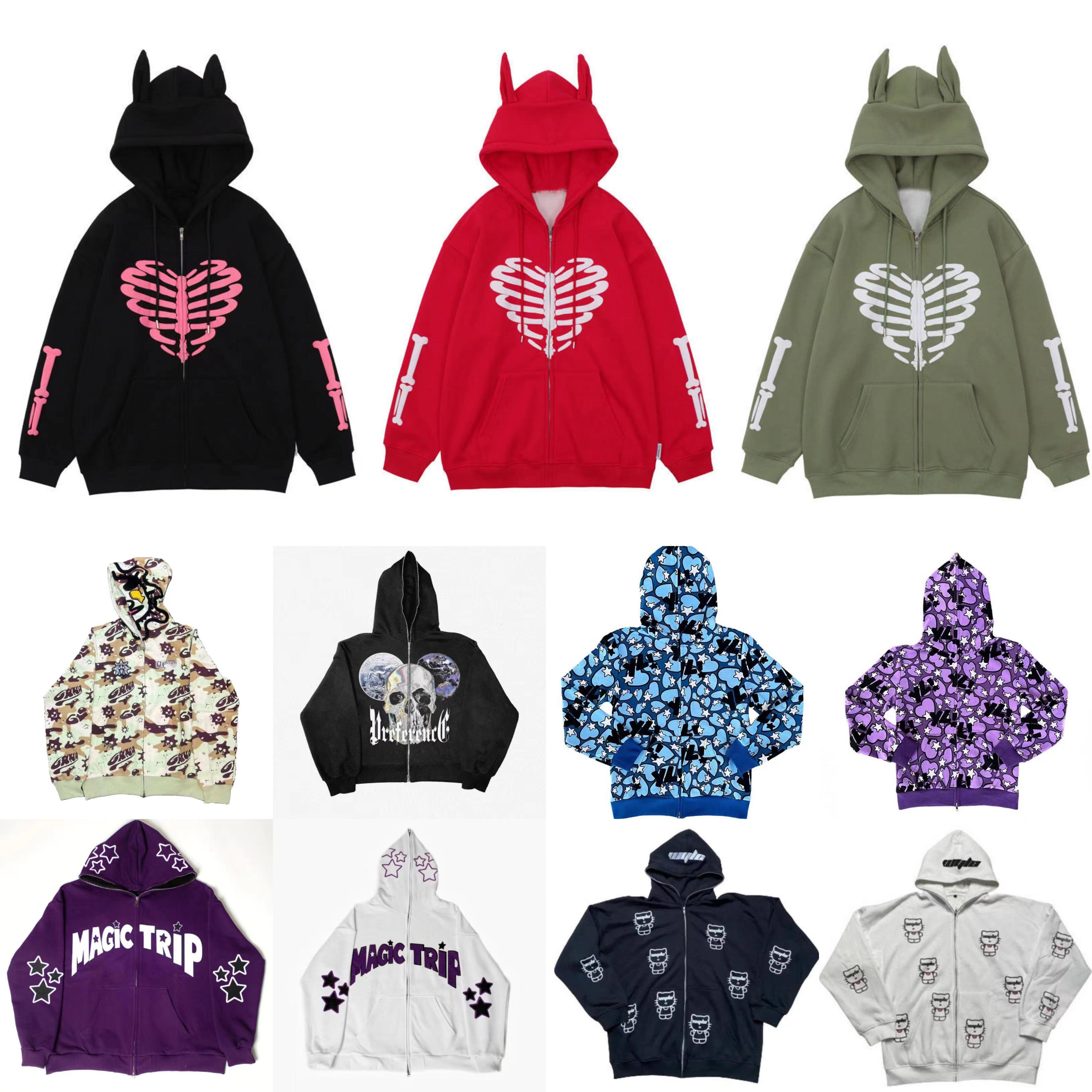 Pullover versatile trendy brand printed hot diamond hooded cardigan zipper loose couple trendy brand sweatshirt jacket sweatshirt hoodie essentia