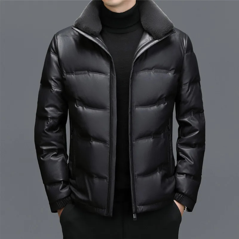 ZDT-8053 Winter Mens Sheepskin Down Jacket Plush Thick Short Wool Stand Collar Casual Leather Coat 241014