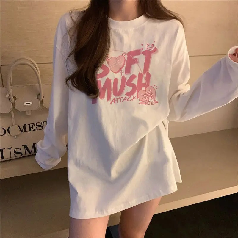 Womens clothing fashion fully matched pure cotton basic T-shirt autumn casual loose O-neck long sleeved floral chic printed top 241015