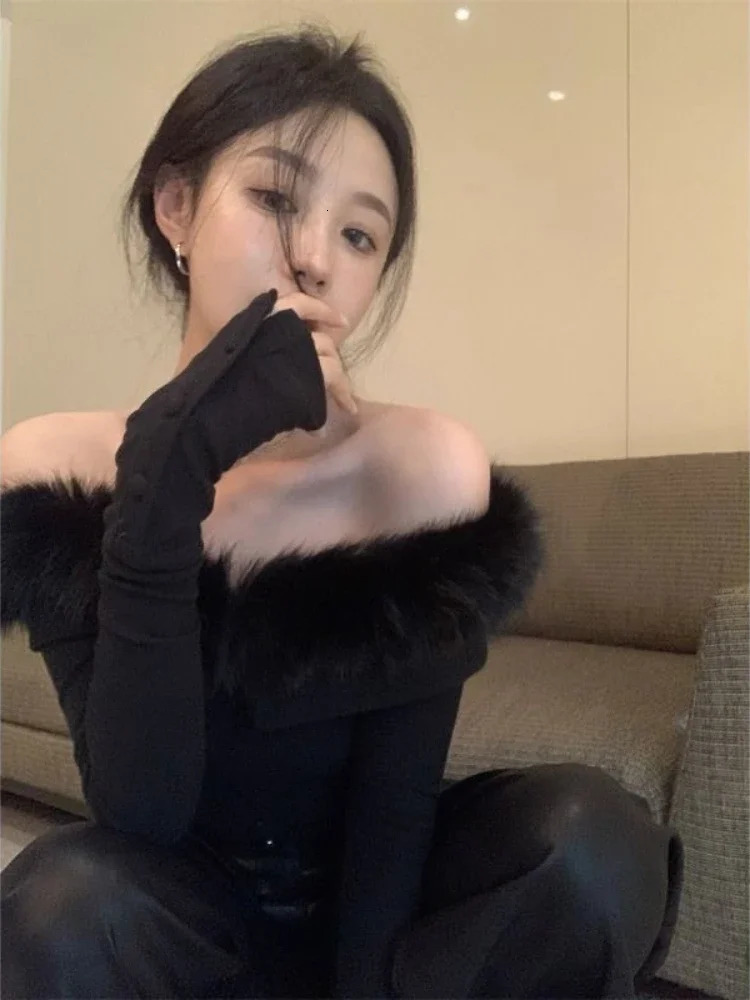 Y2K Fashion Sexy Shoulder T-shirt Womens Elegant and Slim Crop Top Korean Young Splicing Fur Collar T-shirt Fairycore 241014
