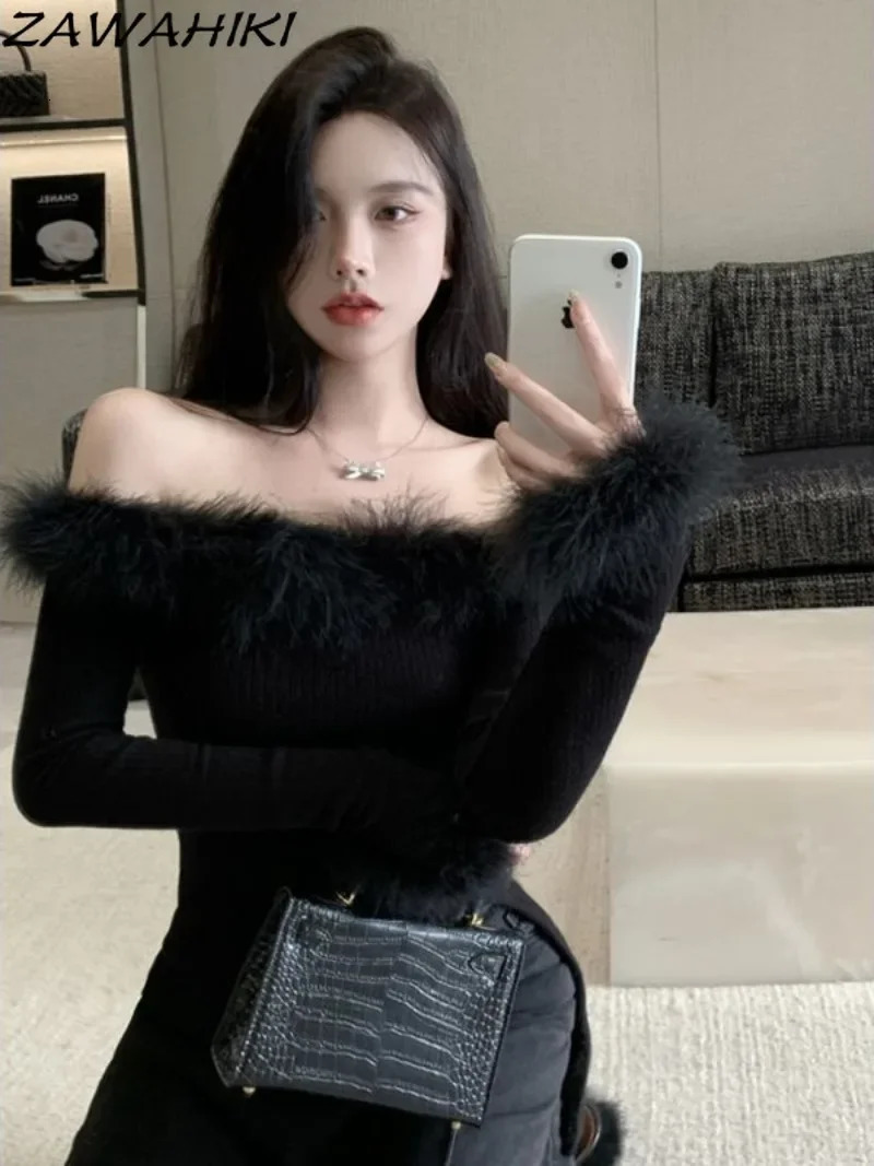Womens diagonal collar solid color elegant ultra-thin chic top Y2K long sleeved autumn faux fur full matching T-shirt 241014