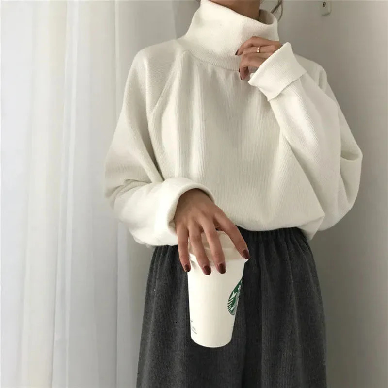 Turtleneck Knitted Sweater Women Loose Solid Soft Warm Pullover Basic Autumn Winter Jumpers Thin Streetwear Tops 241007Z
