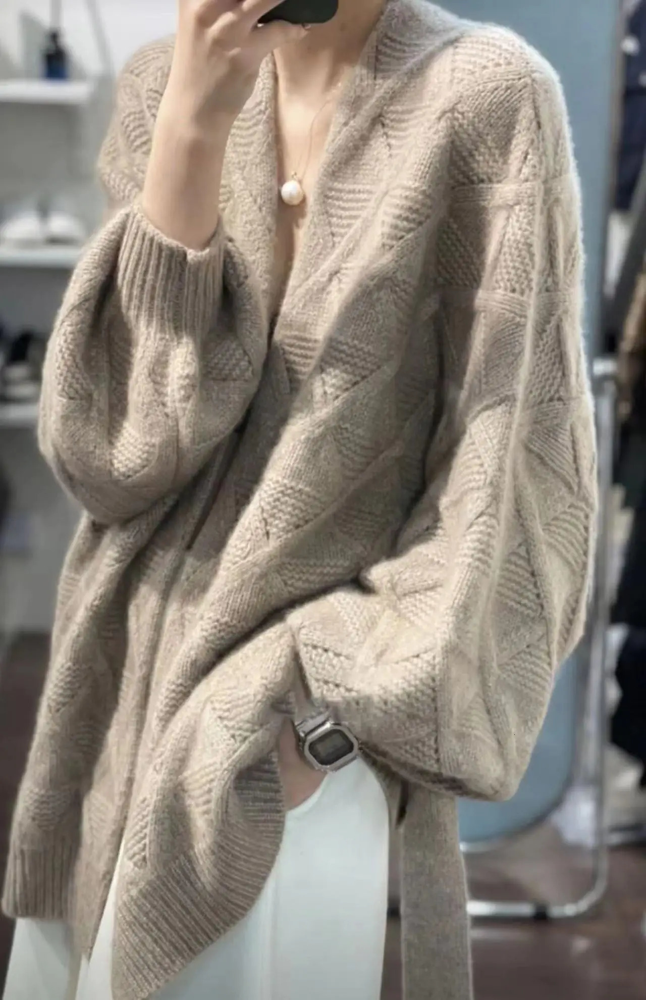 Womens long cashmere cardigan thick knitted sweater loose and slim fit diamond autumn and winter 241015
