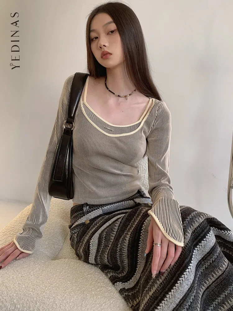Yedinas long sleeved striped Harajuku T-shirt womens fake two-piece top Y2k retro T-shirt Grunge aesthetic Korean style top 241015