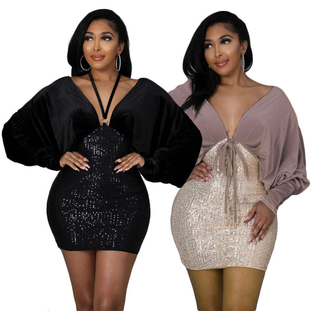 K7085 Femmes sexy slim fit hanche étreignant le cou à col à manches bulles en velours à saut à saut à jupe courte tempérament robe de cou rond ro