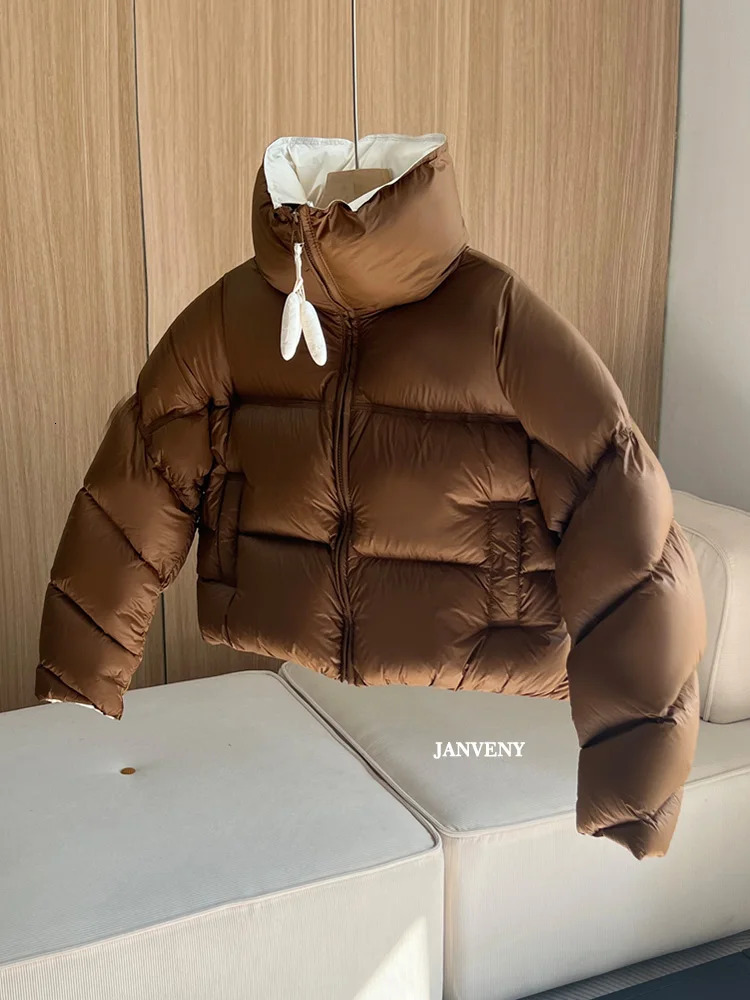 Janveny 2024 winter white duck down casual jacket womens stand up collar zipper loose Puffer Parka thick warm down jacket 241014