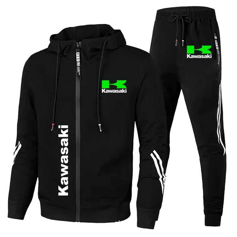 Men's Tracksuits Mens Kawasaki printed track suit motorcycle jacket outdoor sports hooded sweatshirt+pants 2Piece racing bicycle sweatshirt