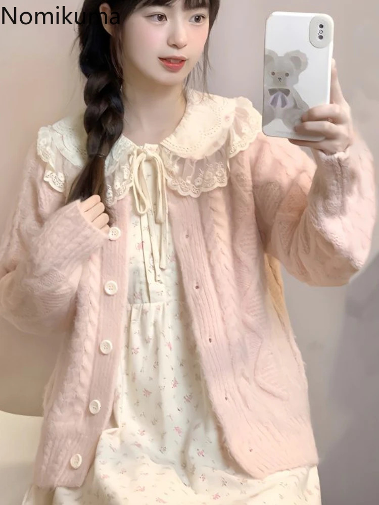 Ensembles de deux pièces japonais tenues en tricot surdimensionné de cardigan manteau Peter Pan Collar Robe Floral Suit Fashion Douces robes Set