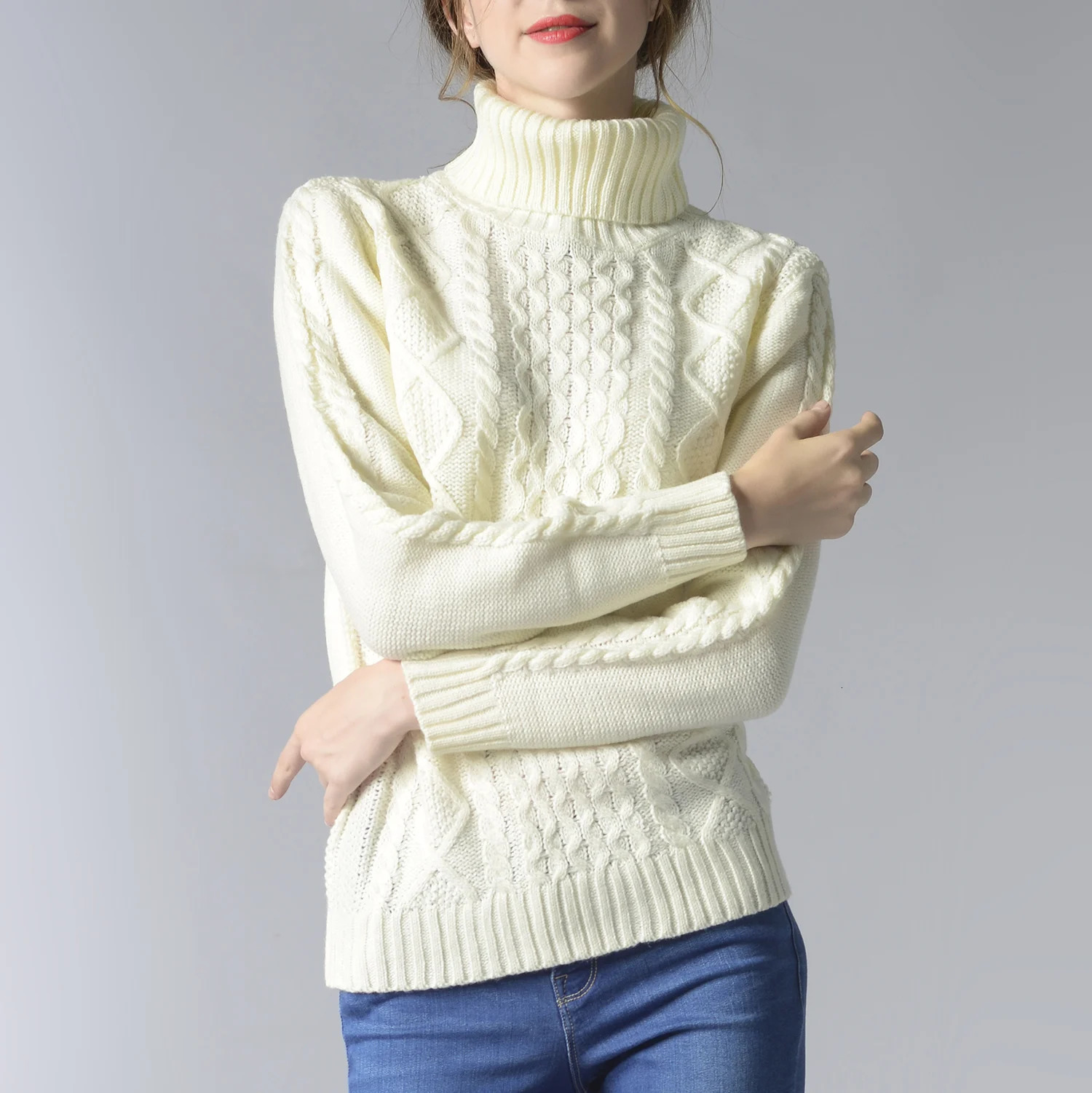 Womens Sweater Turtleneck Buckle Autumn Winter Clothing Long Sleeve Warm Knitted Casual Fashion Top 241015