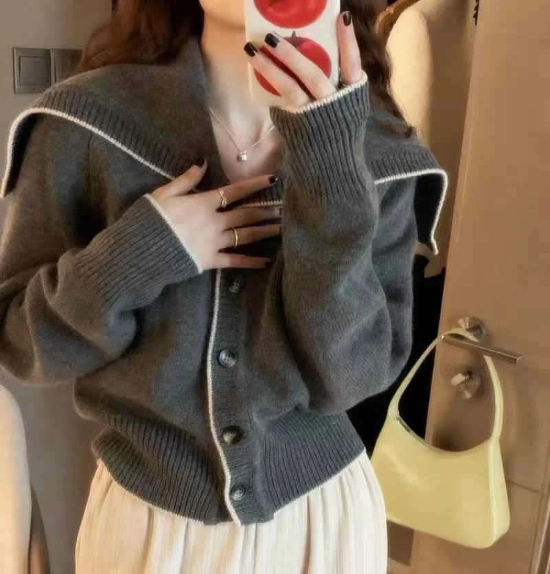 autumn and winter cashmere cardigan sailor collar womens loose cashmere sweater cardigan womens coat 241015
