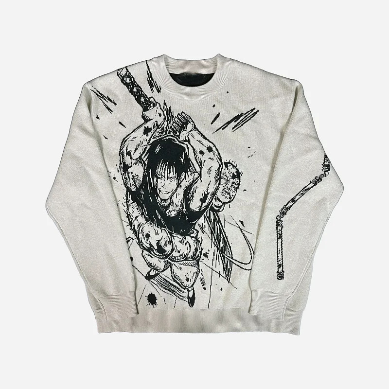 Womens Knitting Gothic Anime Print Pattern O Neck Pullover Sweater Streetwear Girls Oversized Harajuku Knitwear Mens Y2k 241007Z