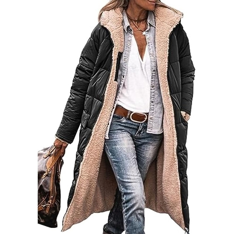 Womens 2023 Warm Winter Coats Reversible Sherpa Fleece Long Hooded Puffer Jackets Outerwear y241011