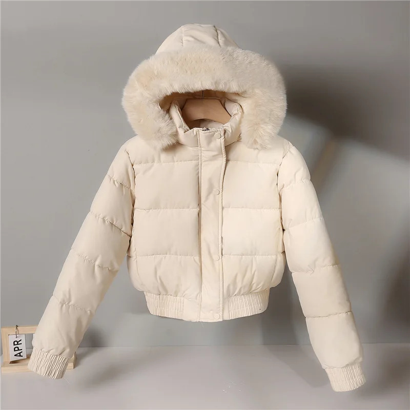 Autumn Winter Warm Down Cotton Jacket Women Thickened Fleece Lining Fur Collar Long Sleeve Parkas 241008