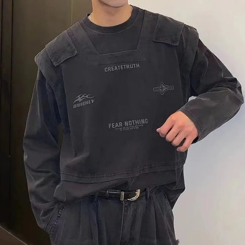 Mens Two Piece Washed Cotton Long Sleeve Cotton Print T-Shirt Men Y2K Autumn Vintage Oversize Tshirt Streetwear Women Tops 241015