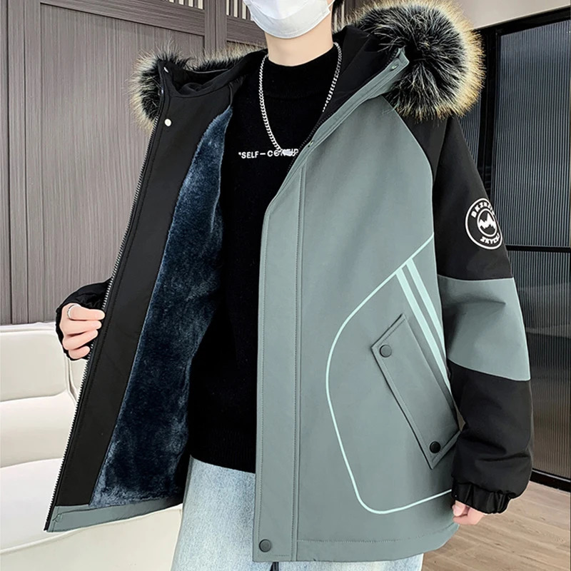 2024 Winter Mens Fur Collar Detachable Warm Hooded Fleece Jackets Youth Streetwear Plush Parkas Casual Windproof Thick Coat 241008