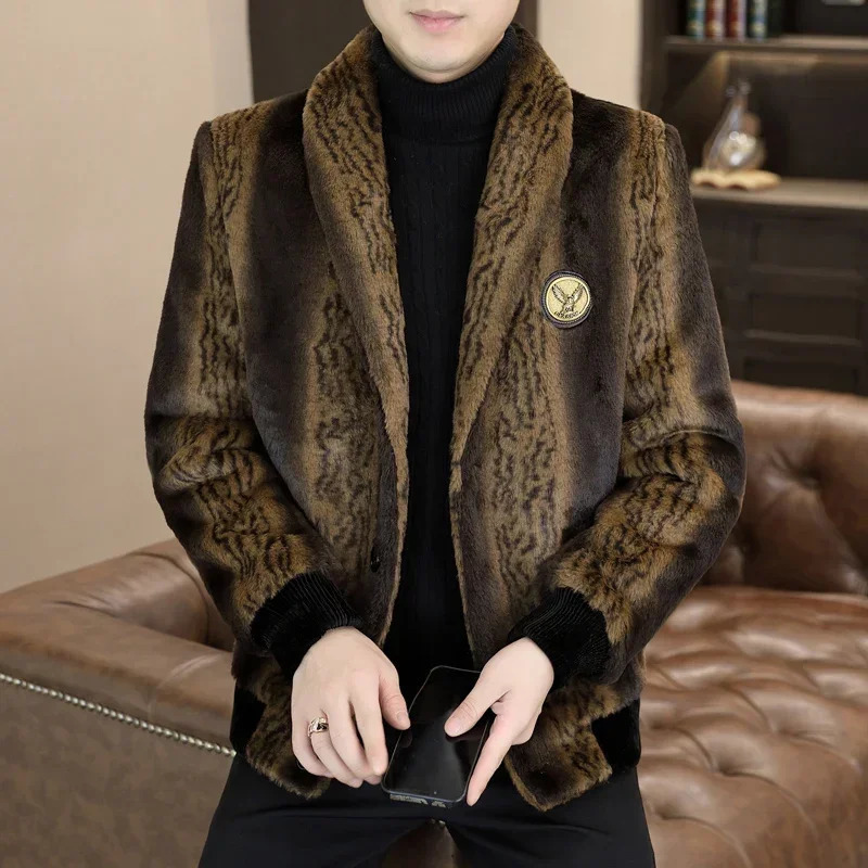 2023 Winter Faux Fur Mink Jackets Men Lapel Vintage Casual Business Coat Office Social Mens Clothing M4XL 241008