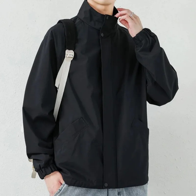Mens autumn black long sleeved collar jacket with casual zipper loose and waterproof outdoor sports jacket ultra-thin solid jacket 241015