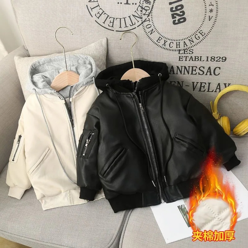 1-8 Year Winter Boys Leather Jacket Thick Warm Cotton Kids Coat Fashion Waterproof Zipper Hooded Children Outerwear Clothing 241016