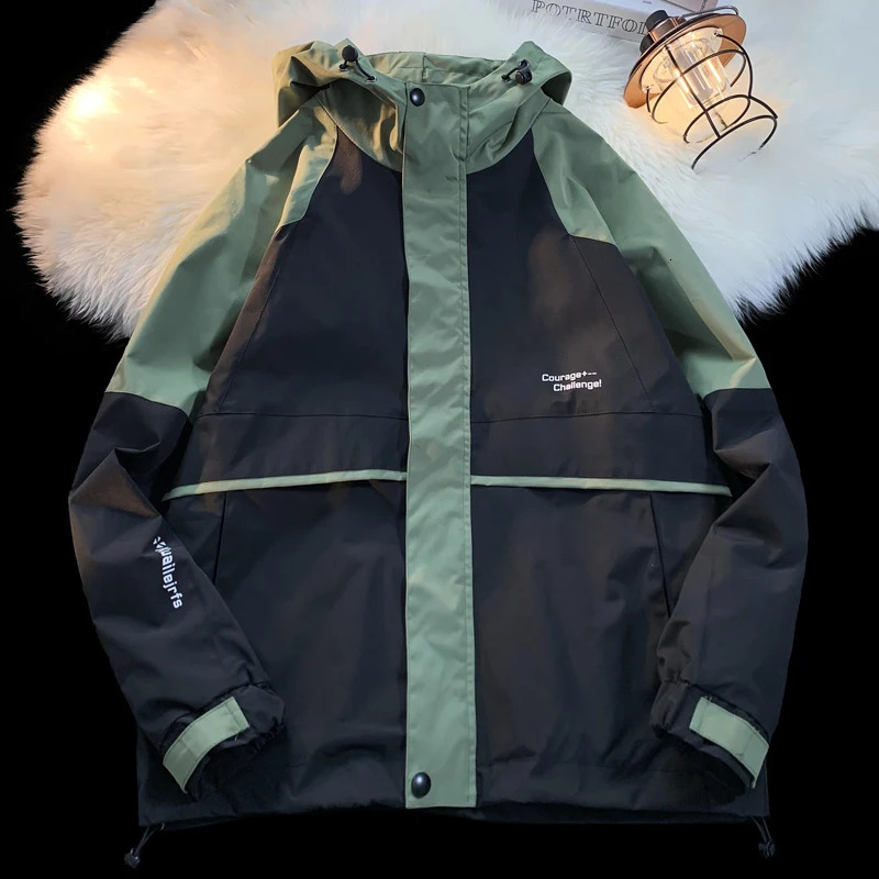 Fashion patch work mens outdoor jacket zipper stand collar hooded jacket windproof mens jacket college style 241015