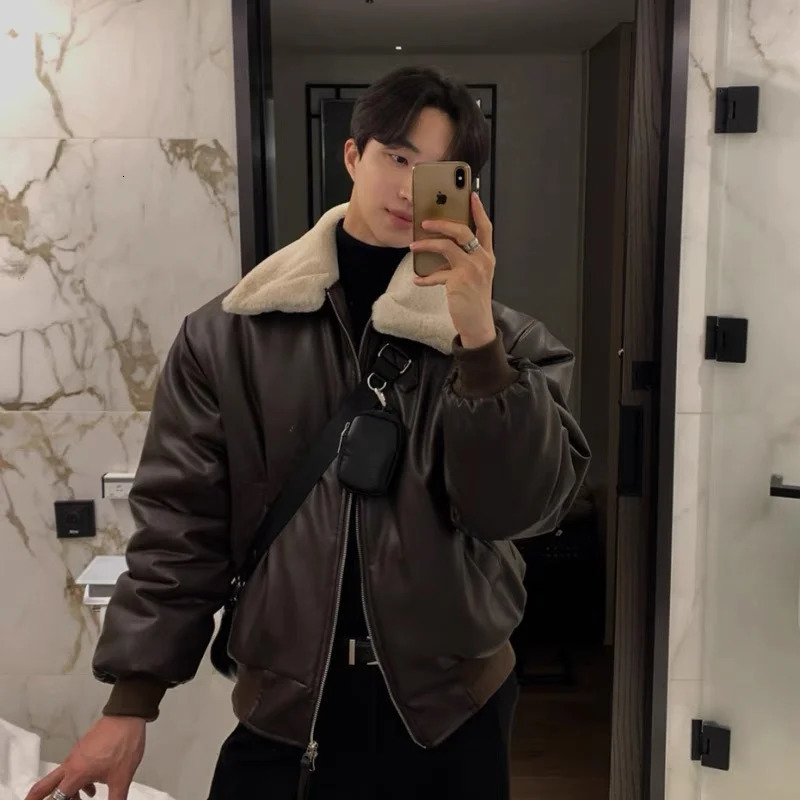 Winter jacket mens warm and fashionable casual thick leather jacket mens street clothing mens loose short jacket mens thick leather coat 241014