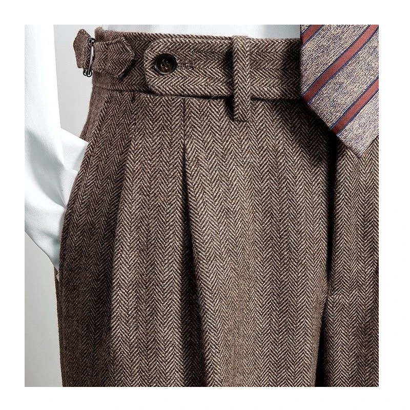 British style wool Naples mens coarse tweed high waisted straight triple pants autumn and winter business casual street pants 241017