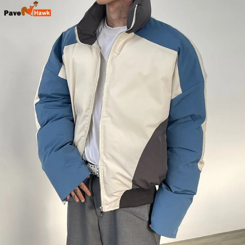 Retro stand up collar winter jacket mens zipper splicing work cotton pad lightweight park spring neutral loose autumn short outfit 241014