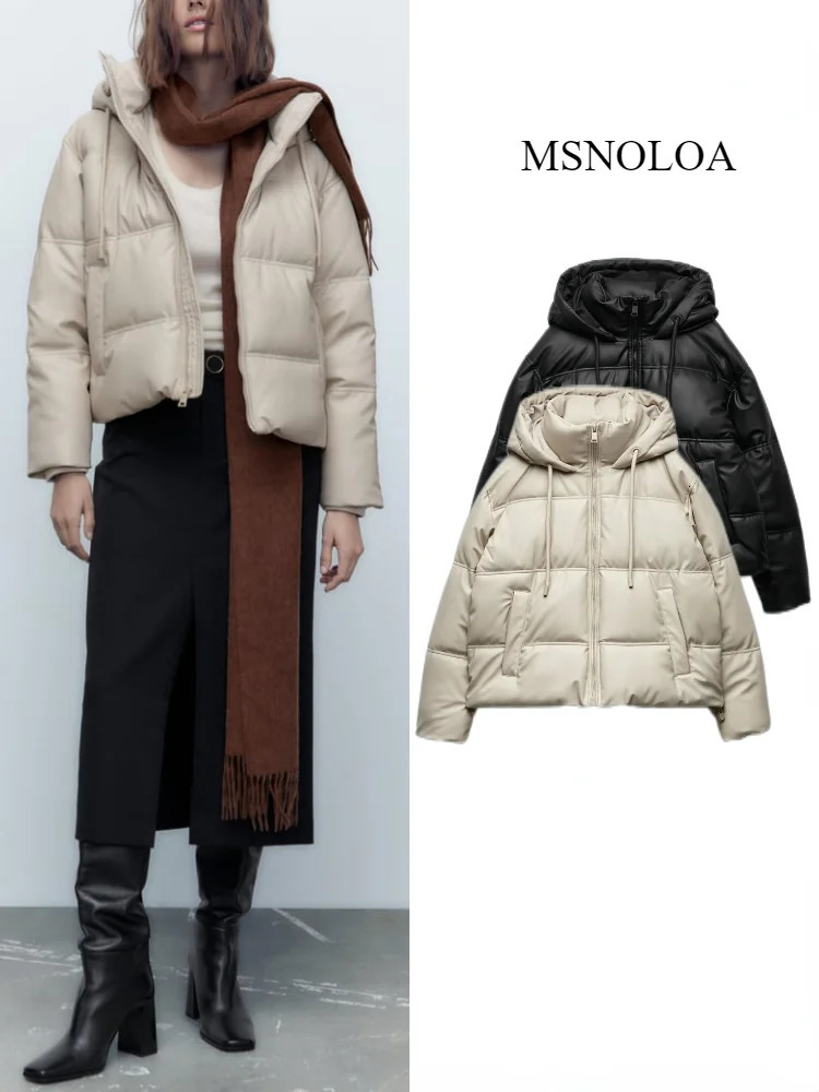 Womens autumn and winter thick PU imitation leather short hooded pad jacket top artificial leather park jacket 241014