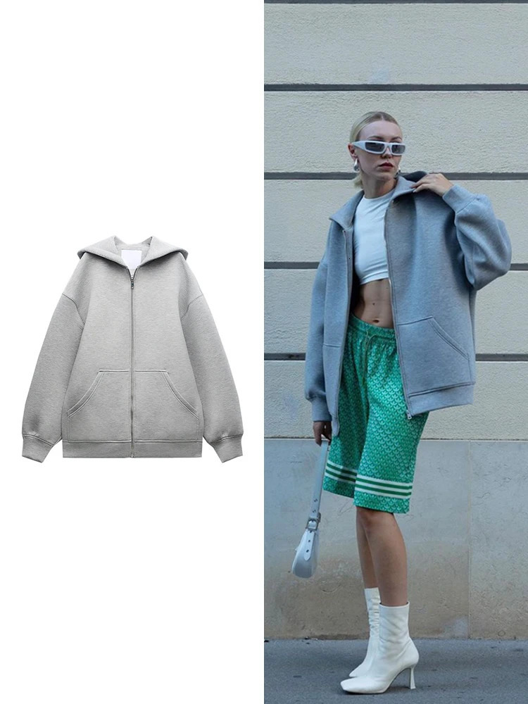 TRAF Womens Fashion Warm Hooded Jacket Fall and Winter Gray Long Sleeve Pocket Zipper Casual Women 241007Z