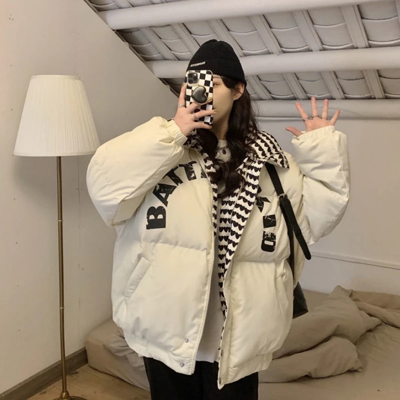 Womens beige down jacket with printed fashionable windproof thick Y2K chic top duck down womens brown winter jacket 241011